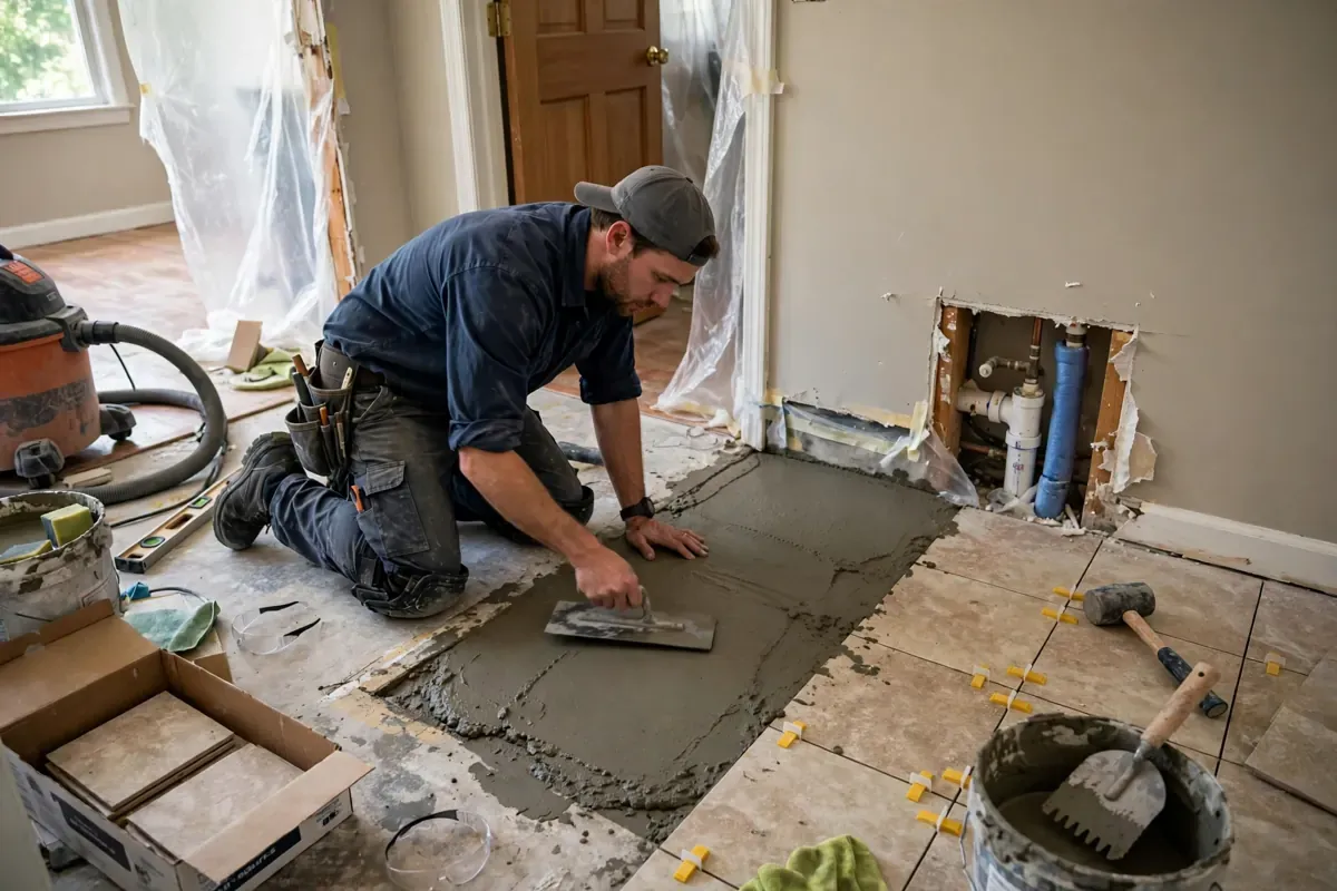 Technician restoring concrete and flooring after a slab leak repair, smoothing concrete and fitting floor tiles