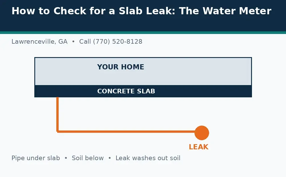 Diagram: a house on a concrete slab in Lawrenceville, GA, with a pipe under the slab and a leak washing out soil below