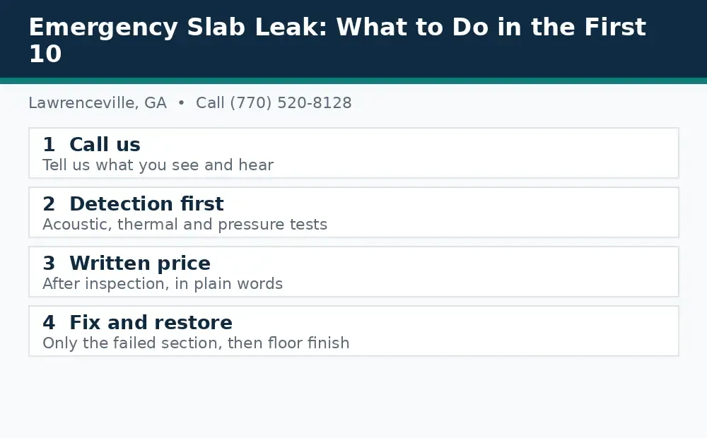 Diagram: how a slab leak call works in Lawrenceville, GA, from call to detection to written price to fix and restore