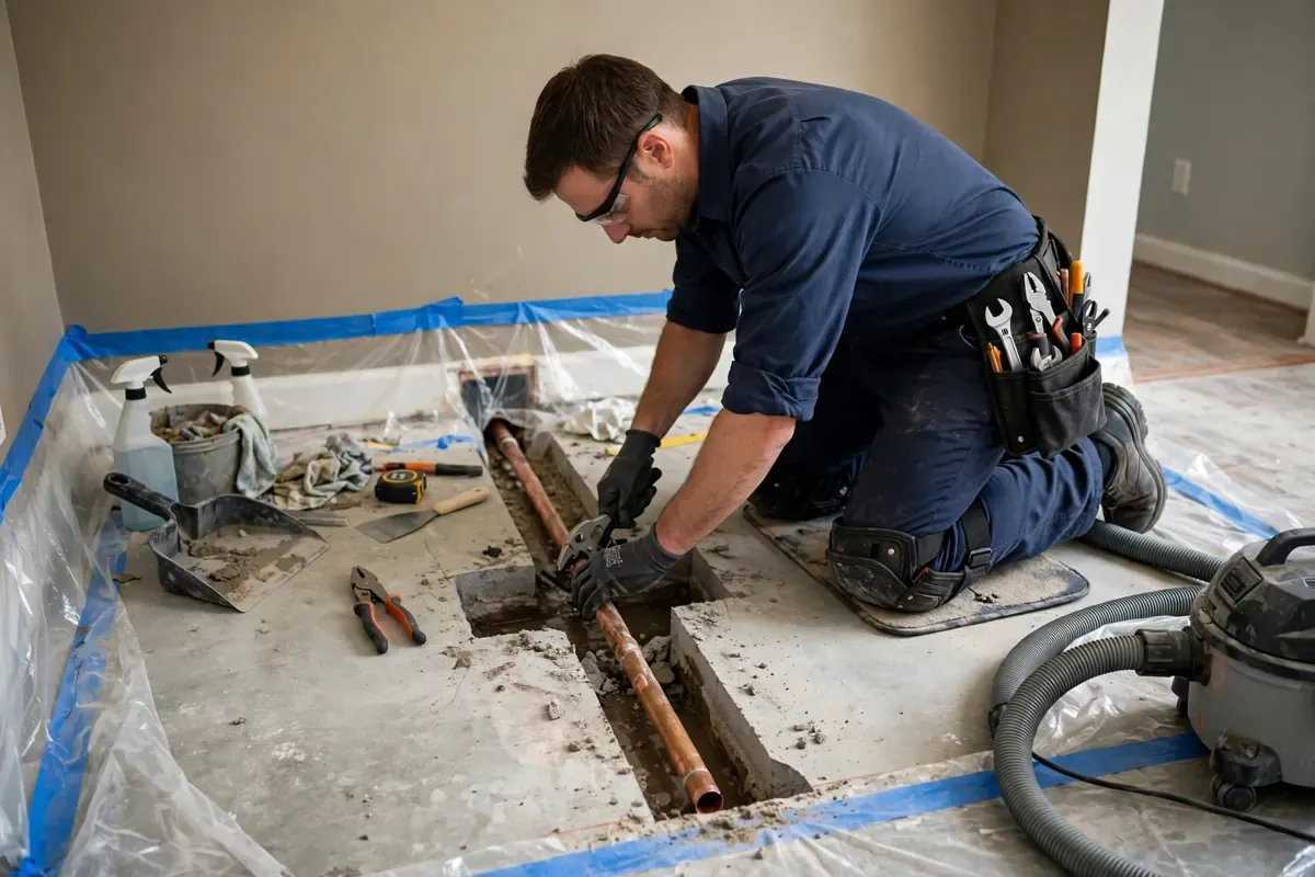 Plumber doing a spot repair on a slab leak, with a small neat cut in a concrete floor