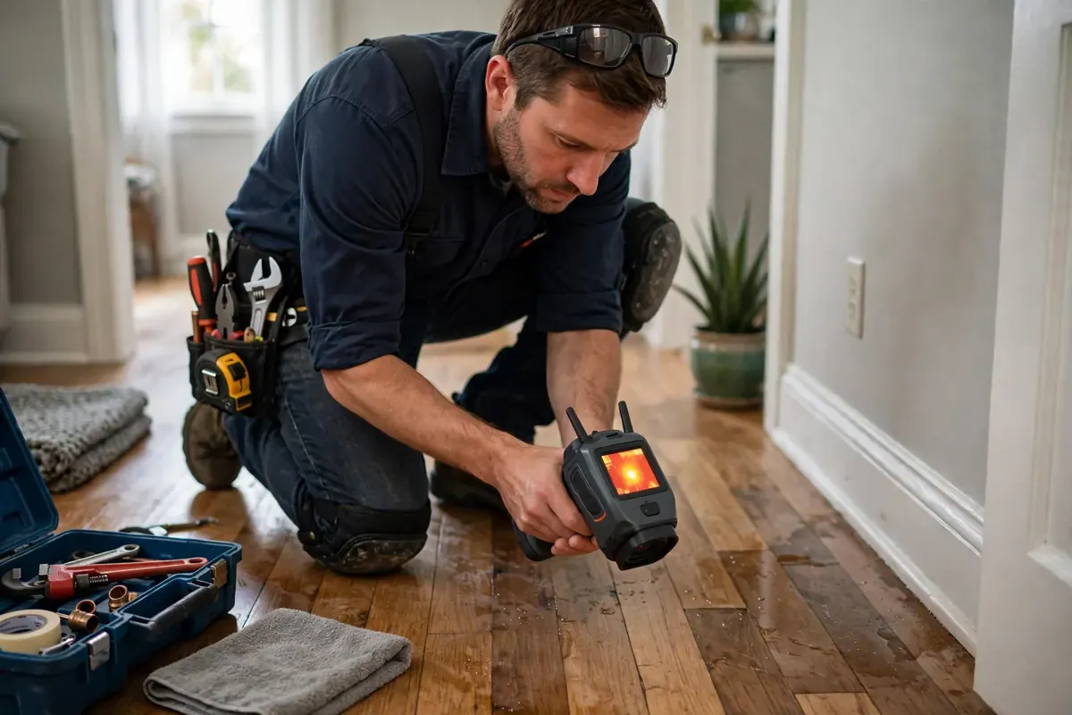 Technician doing slab leak detection work in a Lawrenceville, GA home