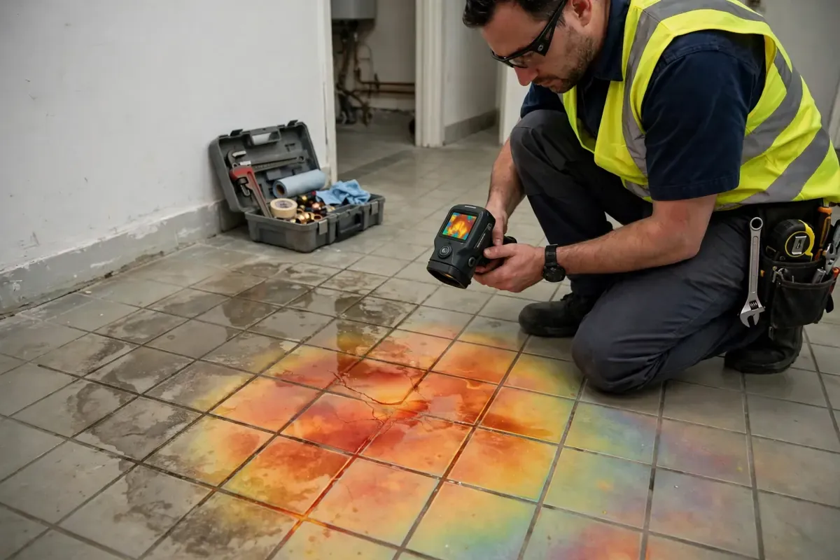 Warm spot on a tiled floor from a hot water slab leak, checked by a technician in a Lawrenceville, GA home