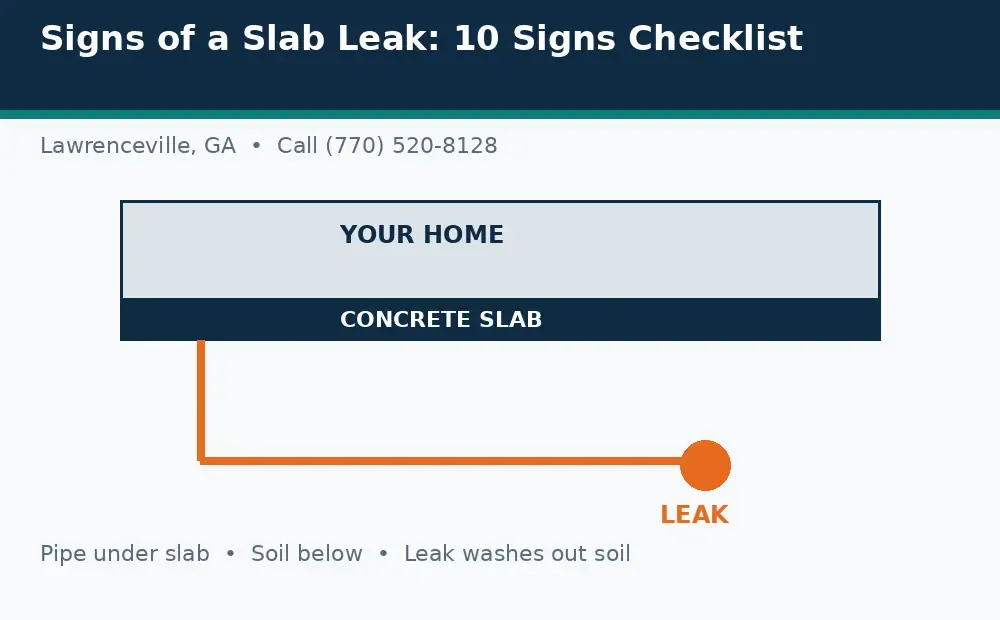 Diagram: a house on a concrete slab in Lawrenceville, GA, with a pipe under the slab and a leak washing out soil below