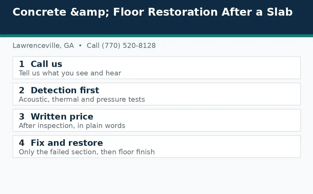 Diagram: how a slab leak call works in Lawrenceville, GA, from call to detection to written price to fix and restore