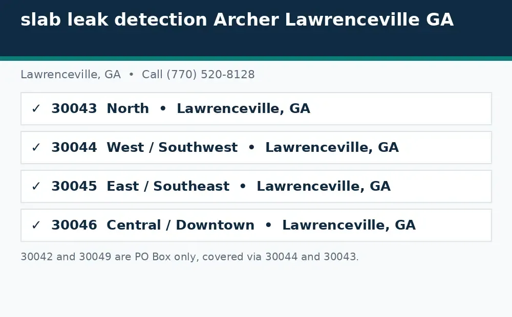 Diagram: Lawrenceville, GA service area ZIP codes covered, 30043, 30044, 30045, and 30046
