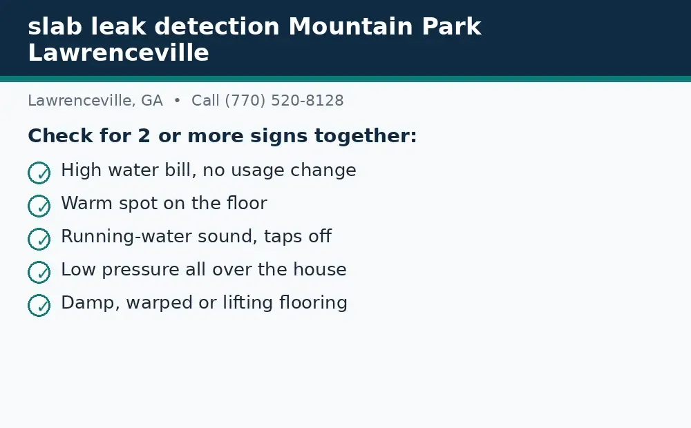 Diagram: signs to check for a slab leak in Lawrenceville, GA, including a bill spike, warm floor, running-water sound, low pressure, and damp flooring