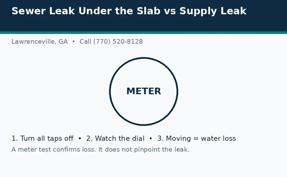 Diagram: a water meter leak test in Lawrenceville, GA, turn taps off, watch the dial, and a moving dial means water loss