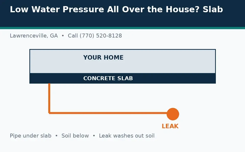 Diagram: a house on a concrete slab in Lawrenceville, GA, with a pipe under the slab and a leak washing out soil below