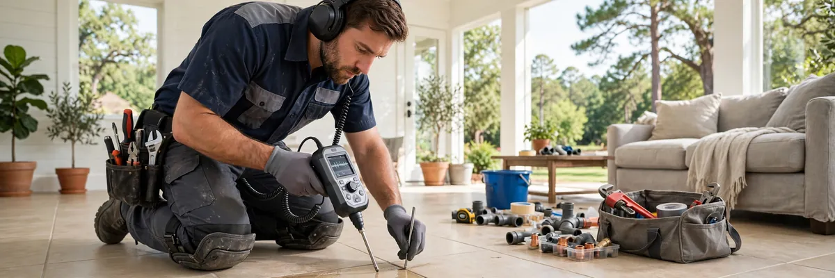 Slab leak service areas map and working photo for Lawrenceville, GA