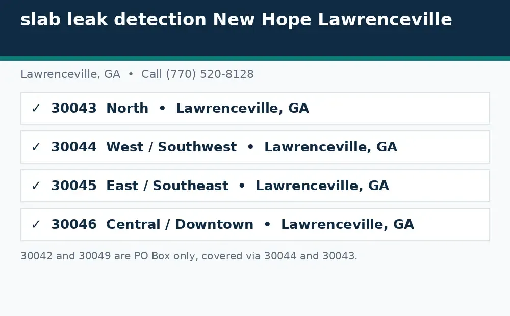 Diagram: Lawrenceville, GA service area ZIP codes covered, 30043, 30044, 30045, and 30046