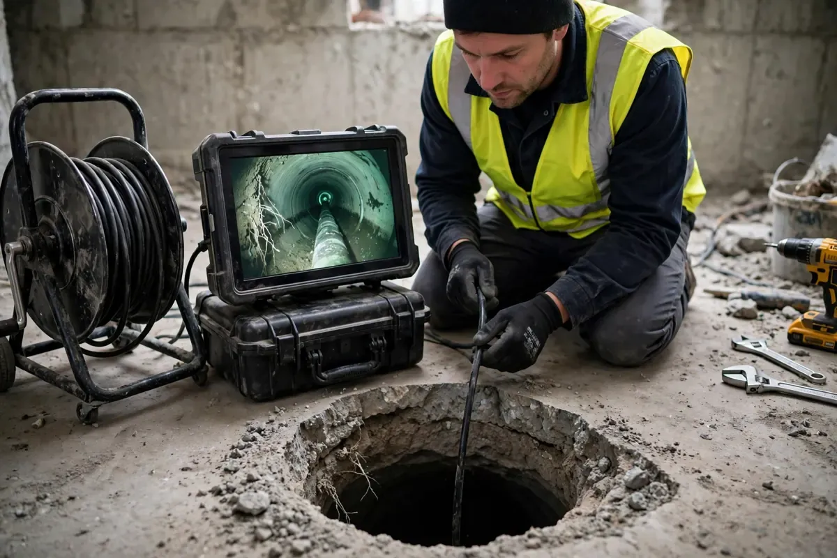 Technician using a sewer camera to inspect a drain line under a concrete slab, with a monitor showing the pipe