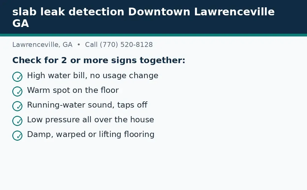 Diagram: signs to check for a slab leak in Lawrenceville, GA, including a bill spike, warm floor, running-water sound, low pressure, and damp flooring